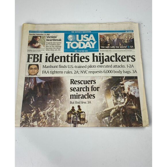 USA Today 9/11 FBI Identifies Hijackers Complete Newspaper September 13, 2001 CZ - Picture 1 of 4